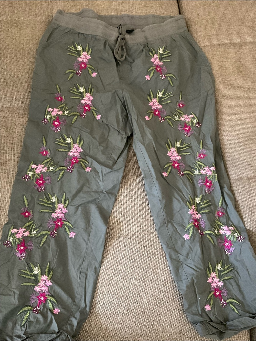 INC International Concepts Olive Green Joggers with Pink Floral Embroidery